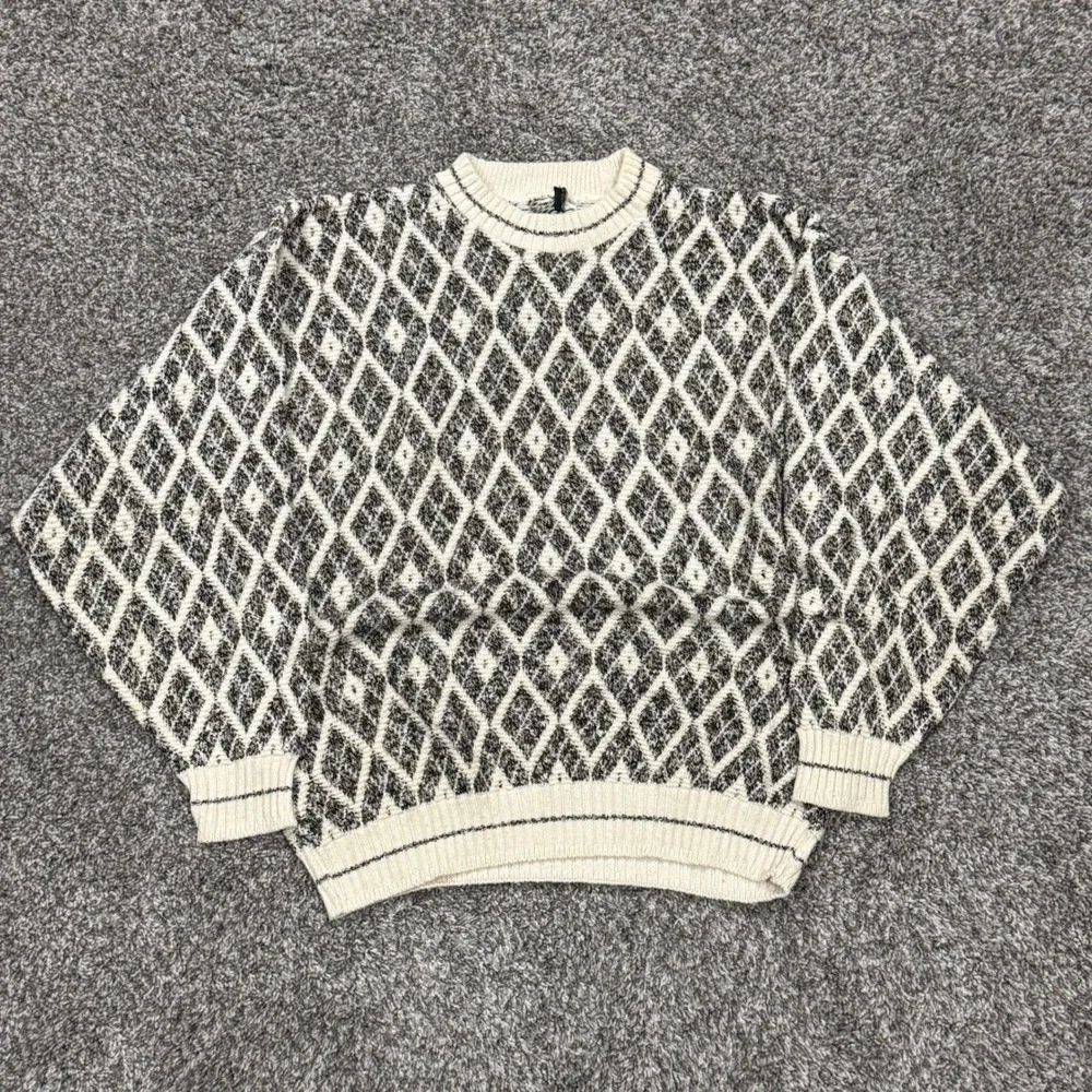 Vintage 90s Bill Blass Diamond Argyle 3D Knit Sweater Mens L Cream Geometric